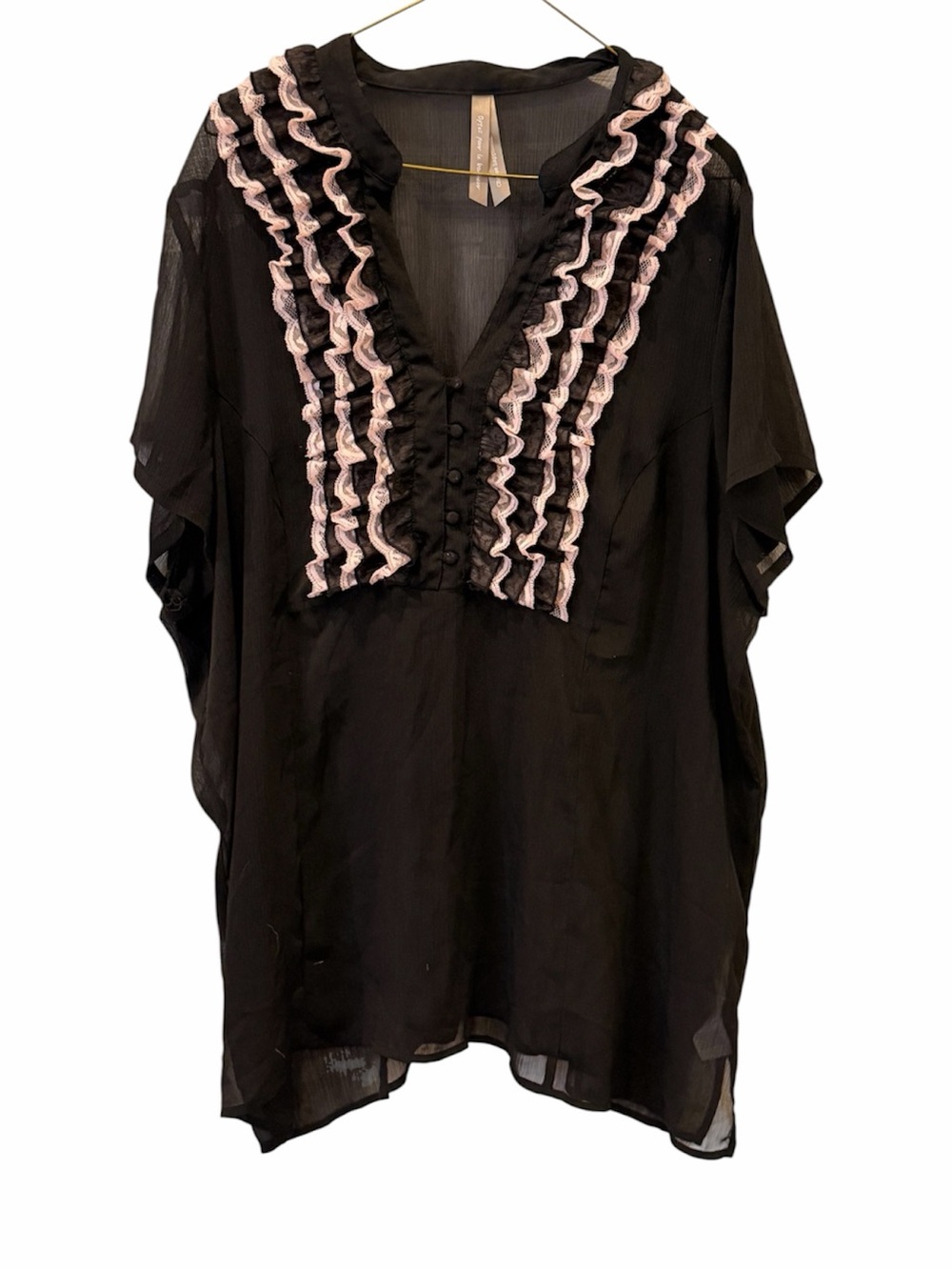Black Sheer Ruffle-Trim Blouse with Pink Accents